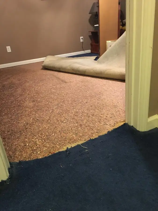 Carpet pad removal revealing water damage during Drying & Dehumidification in Armada
